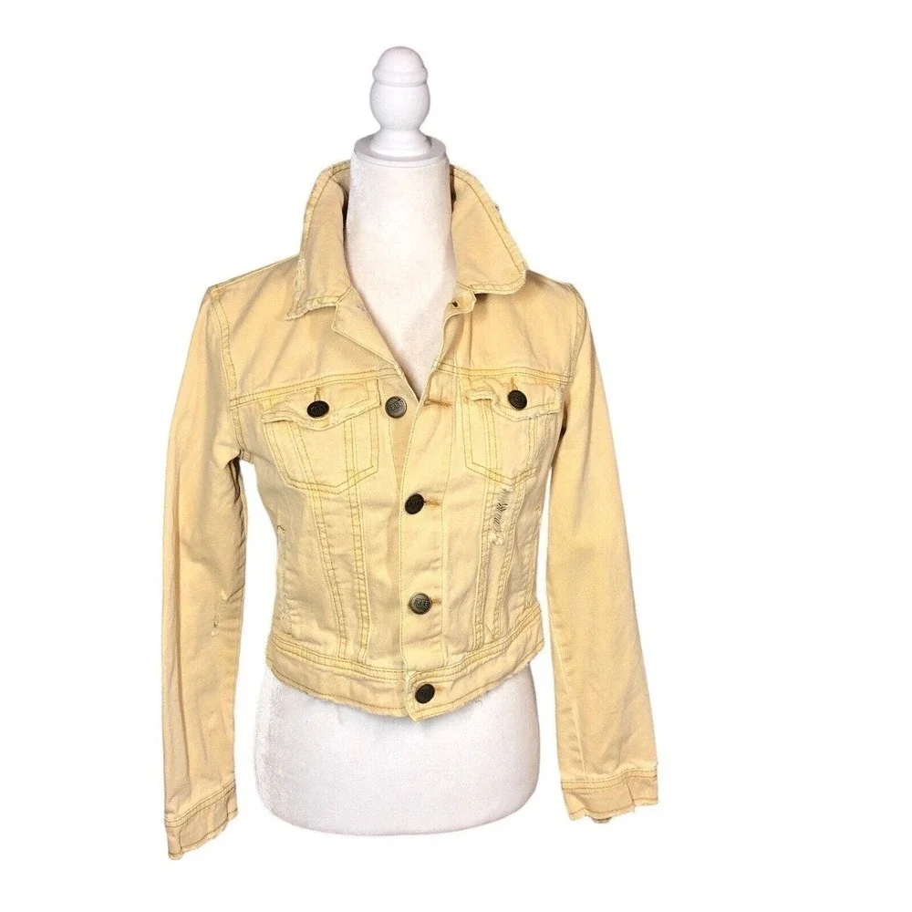Free‎ People Jacket Womens 4 Pastel Yellow Button Collar Pockets Rumors Denim